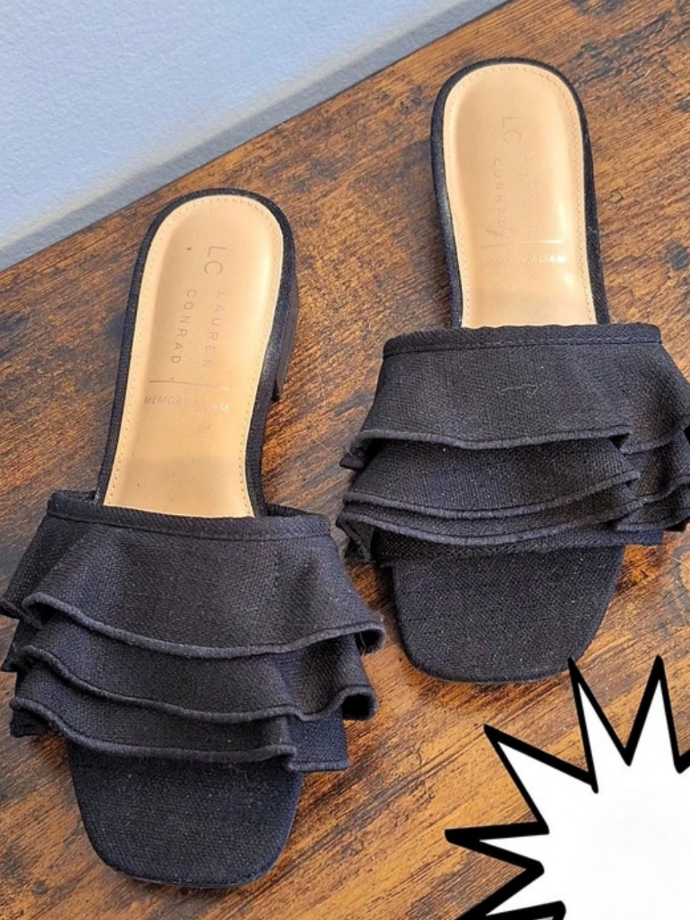 LC Lauren Conrad Ruffle Slide Sandals Black US 7.5